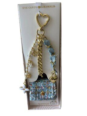 Eye Candy Los Angeles Blue Tweed Bag Charm & Key Chain w/gold charms